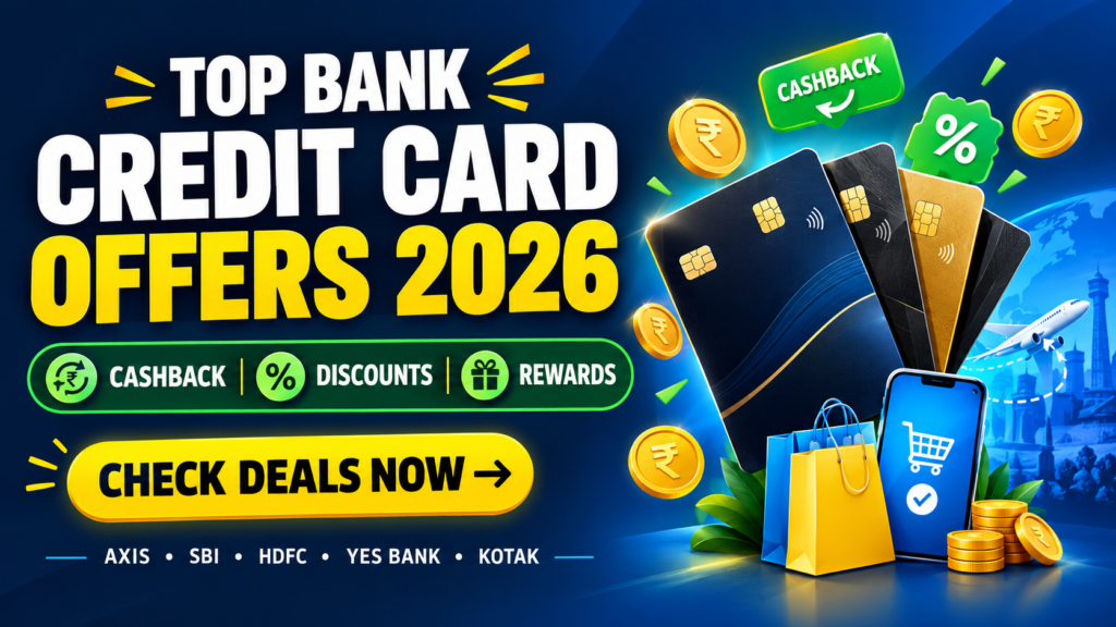 Explore the best bank credit card offers in India for 2026. Compare Axis, SBI, HDFC, YES BANK and Kotak discounts, cashback and rewards.